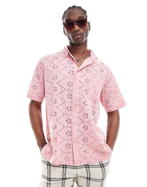 Reclaimed Vintage short sleeve broderie shirt in pink