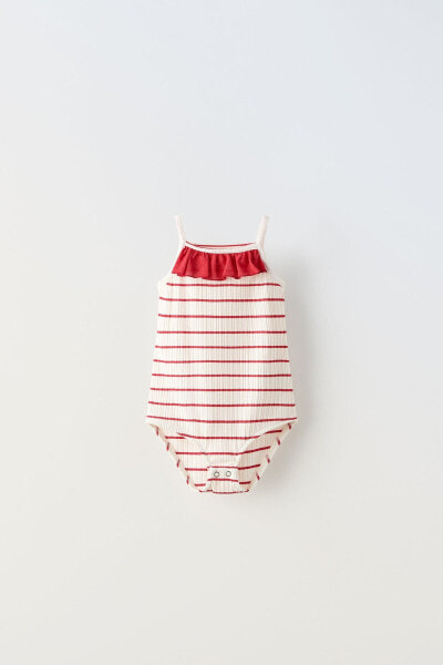 Striped ribbed bodysuit with ruffle
