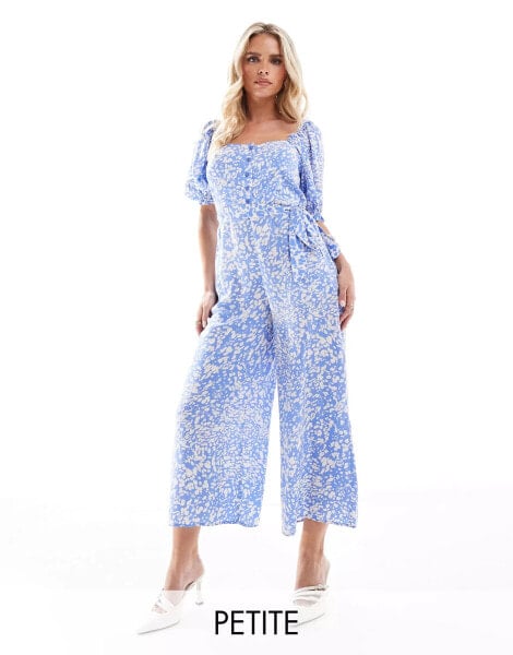 Nobody's Child Petite Romily puff sleeve jumpsuit in blue ditsy floral