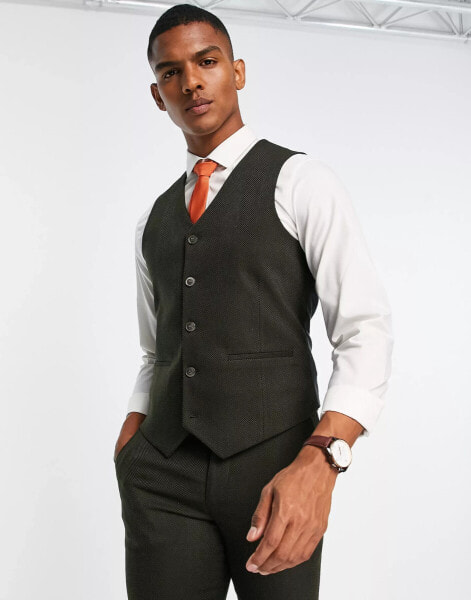 ASOS DESIGN wedding skinny wool mix suit waistcoat in dark green herringbone