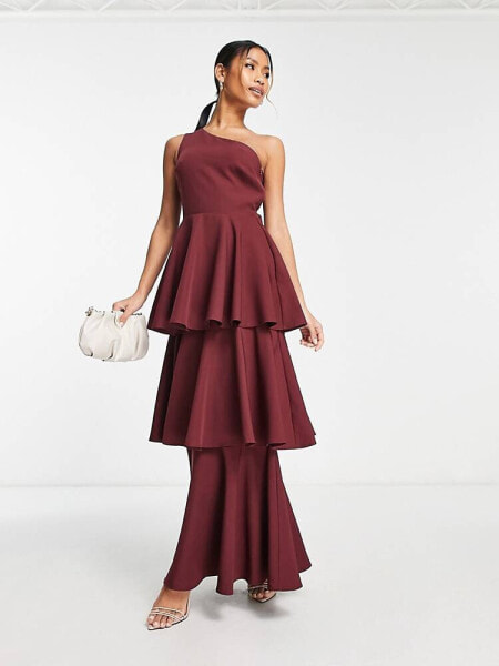 True Violet one shoulder ruffle maxi dress in plum