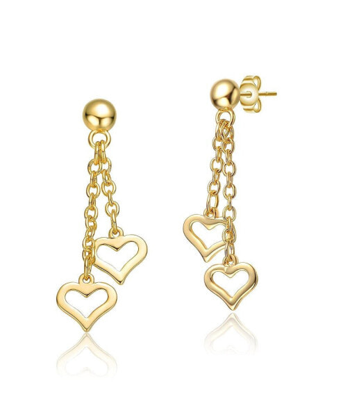 Kids 14k Yellow Gold Plated Double Heart Halo Dangle Chain Drop Earrings