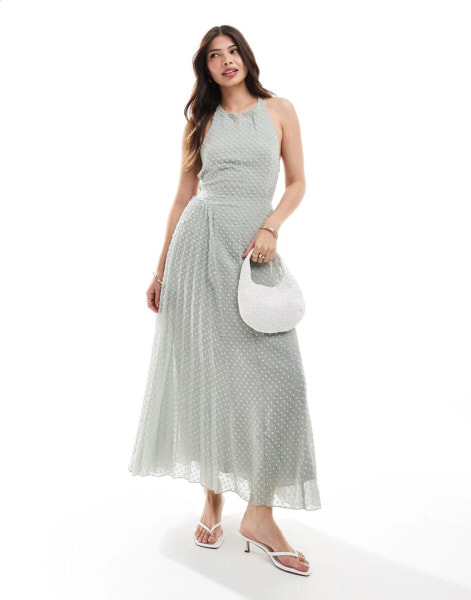 ASOS DESIGN fluffy dobby racer neck pleat panel midi dress in dusky grey