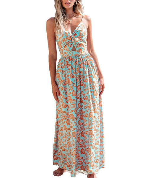 Women's Orange Floral Sweetheart Twist & Keyhole Maxi Beach Dress