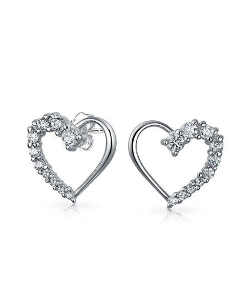 Bridal Love Is A Journey Cubic Zirconia Pave CZ Open Heart Shaped Stud Earrings For Women Girlfriend .925 Sterling Silver