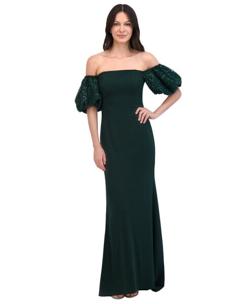 Petite Off-The-Shoulder Sequin-Puff-Sleeve Gown