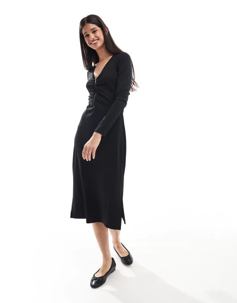 JDY ruched front midi dress in black