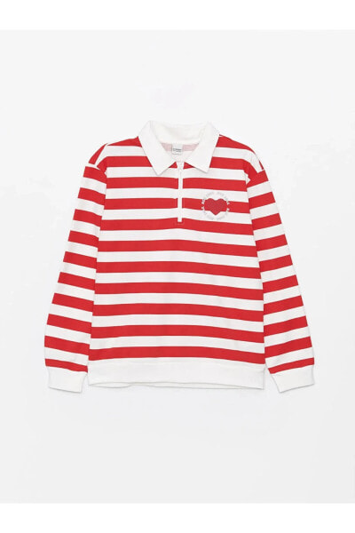 LCW Kids Polo Yaka Çizgili Uzun Kollu Kız Çocuk Sweatshirt