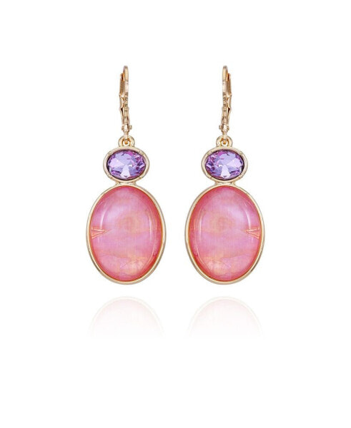 Gold-Tone Pink and Lilac Violet Glass Stone Drop Earrings