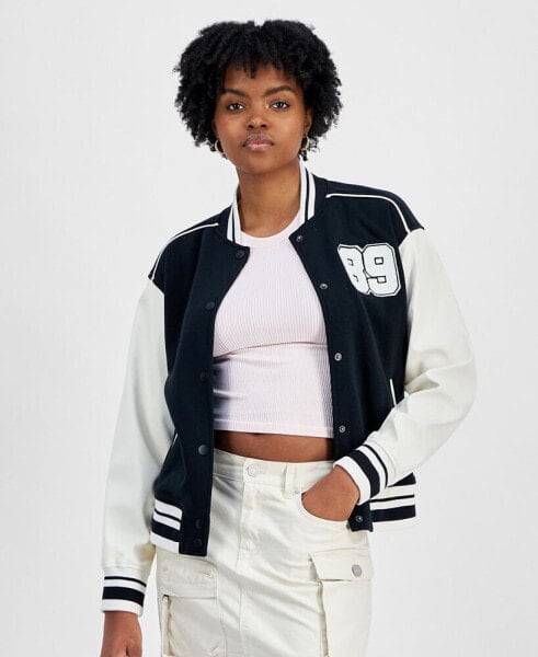 Juniors' Faux-Leather-Sleeve Snap-Front Varsity Bomber Jacket