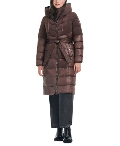 Women's Velvet Mix Belted Hooded Puffer Coat