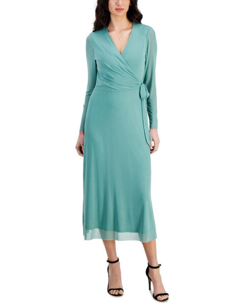 Women's Faux-Wrap Mesh-Sleeve Midi Dress