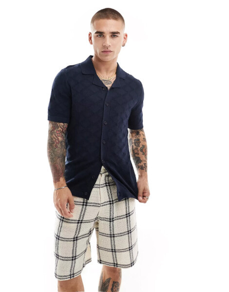 Threadbare knitted short sleeve revere collar shirt in navy