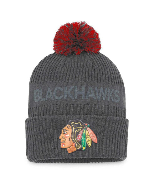 Men's Charcoal Chicago Blackhawks Authentic Pro Home Ice Cuffed Knit Hat with Pom