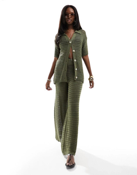 In The Style crochet wide leg trouser co-ord in olive