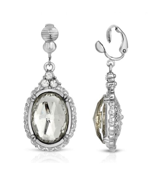 Silver-Tone Crystal Oval Drop Earrings