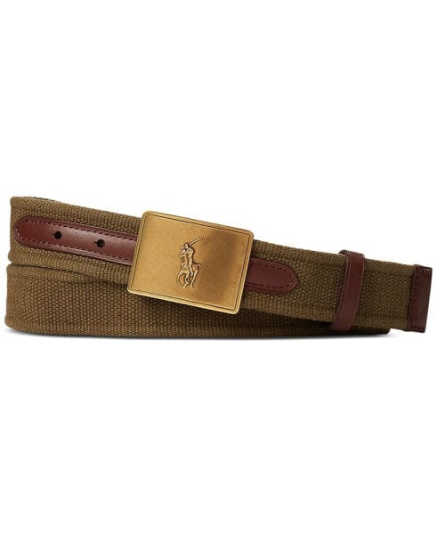 Men's Pony Plaque Canvas & Leather Belt