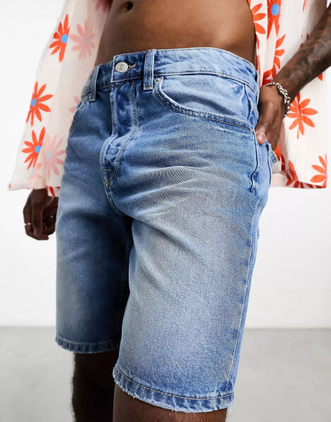 Only & Sons – Locker geschnittene Jeans-Shorts in Mittelblau