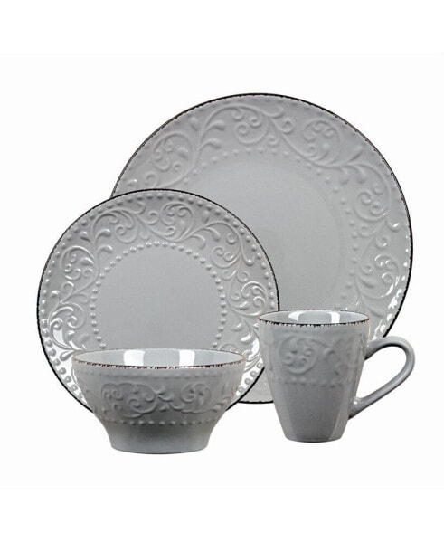 16 Piece Stoneware Scroll Dinnerware Set, Service for 4