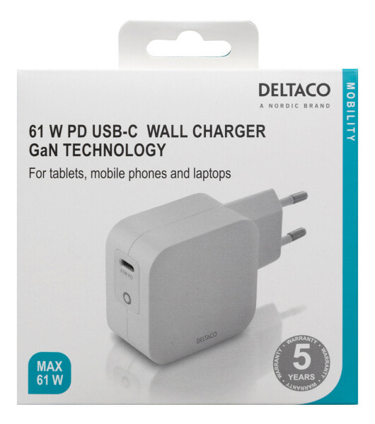 Deltaco USB-C wall charger 60 W with PD and GaN technology white