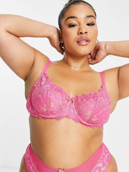 Ivory Rose Curve bold floral lace balconette bra in hot pink