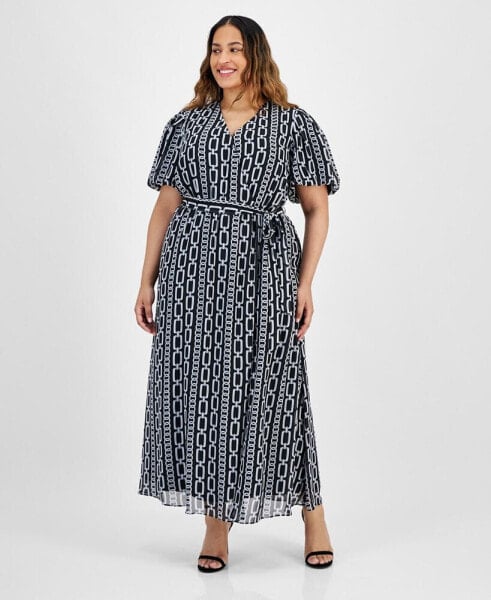 Plus Size Printed Puff-Sleeve Maxi Dress