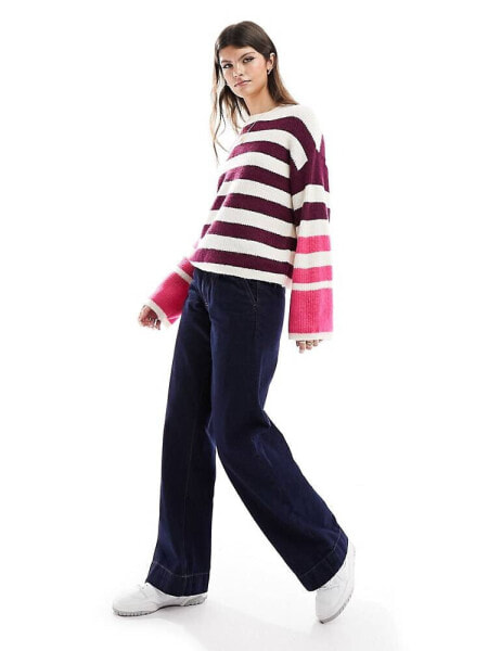 JDY wide sleeve jumper in purple and pink stripe