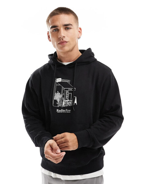 Jack & Jones oversized radio row chest print hoodie in black