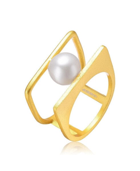 14k Gold Plated with White Genuine Freshwater Pearl Double Band Geometric Square Stacked Ring.