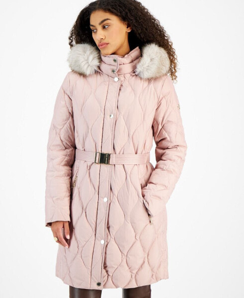 Women's Belted Faux-Fur-Trimmed Hooded Puffer Coat