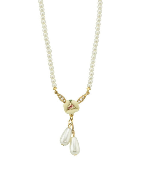 Gold-Tone Porcelain Rose and Imitation Pearl Drop Necklace