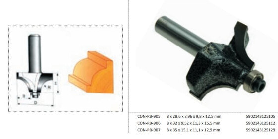 Кондорная фреза для округления Fi = 28,6 12,5 x 9,8 x 7,96 мм, хвостовик 8 мм с подшипником, бренд DREL/CONDOR
