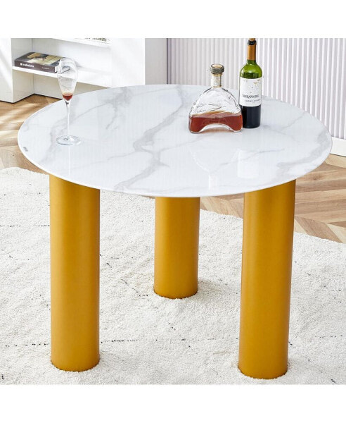 40" Round White Dining Table, Golden Legs