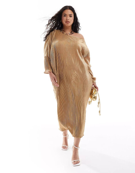 Never Fully Dressed Plus Jem plisse midaxi dress in gold