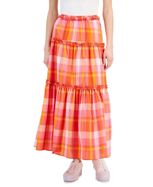 Women's Cotton Plaid-Print Ruffle-Trim Maxi Skirt