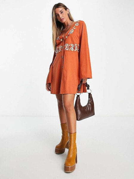 ASOS DESIGN long sleeve button down waisted mini dress with floral embroidery in rust