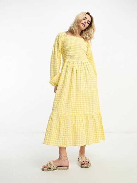 Monki long sleeve midi dress with ruffled hem in yellow gingham 