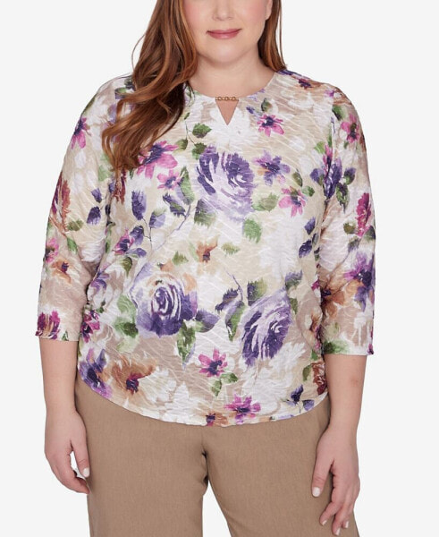 Plus Size Charm School Embellished Keyhole Floral Textured Top