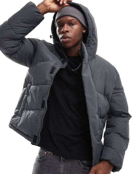 Jack & Jones hooded puffer jacket in dark grey