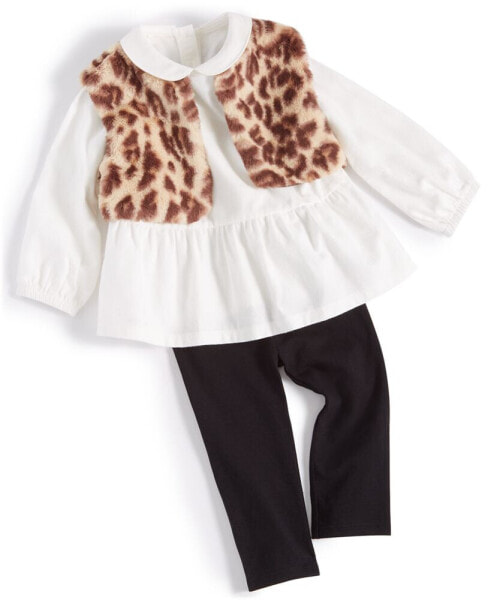 Baby Girls Faux Fur Leopard Vest, Collared Top and Pants, 3 Piece Set, Created for Macy's