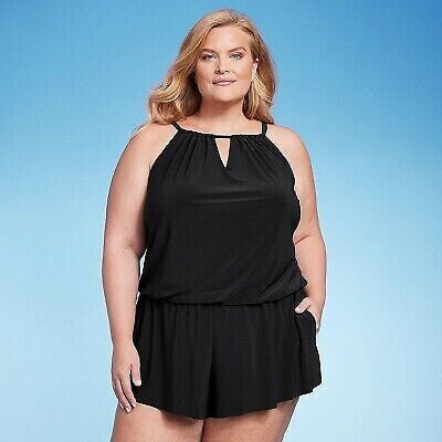 Women's Plus Size High Neck Swim Romper with Pockets - Aqua Green Black 18W