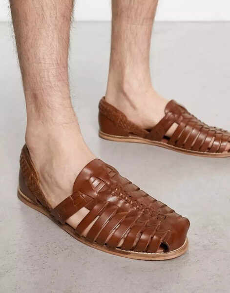 ASOS DESIGN woven sandals in tan leather