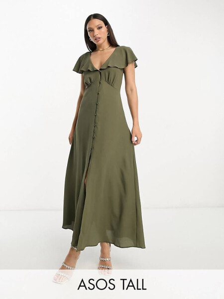 Повседневное платье ASOS DESIGN Tall – Миди-платье из хаки с пуговицами и оборками