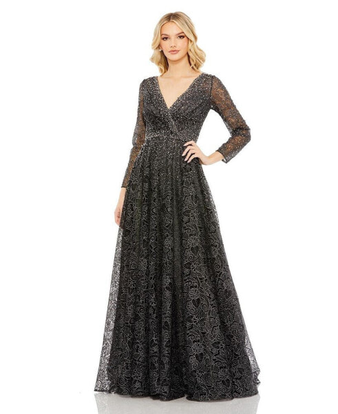 Women's Embellished Illusion Long Sleeve V Neck Gown