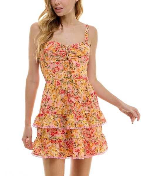 Juniors' Floral-Print Lace-Up Fit & Flare Dress