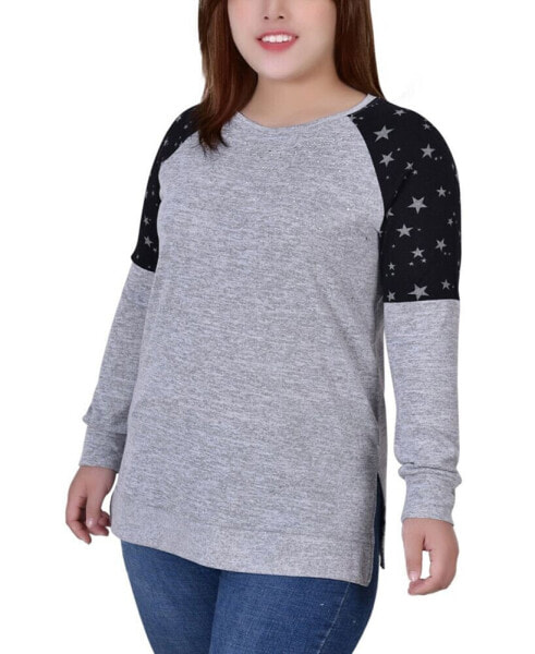 Plus Size Long Sleeve Knit with Print Shoulder Insets Top