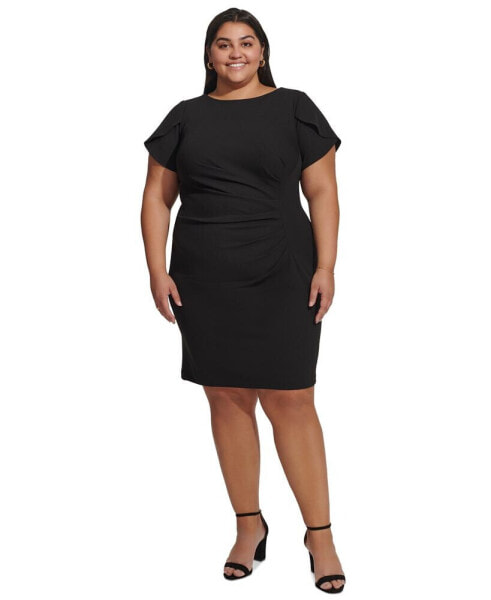 Plus Size Tulip-Sleeve Side-Pleated Scuba Crepe Dress