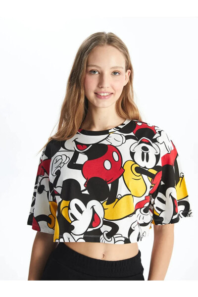 XSIDE Bisiklet Yaka Mickey Mouse Baskılı Kısa Kollu Kadın Crop İMREX GLOBAL