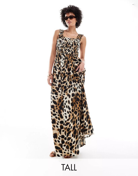 JDY Tall shirred top maxi dress in leopard print