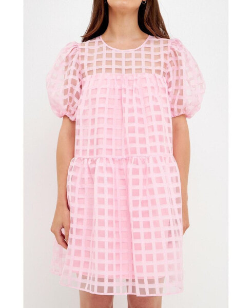 Women's Gridded Puff Sleeve Dress